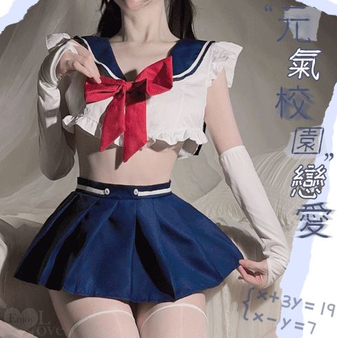 學生角色扮演服！露腰短上衣方形水手領齊臀百褶裙五件式套裝