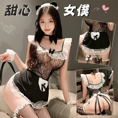 女僕角色扮演服！蕾絲花邊後裸空蜜桃臀網衣裙含襪五件式套裝