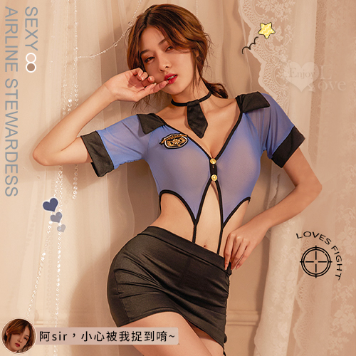 警察角色扮演服！V領雙釦露腰開襠連身衣交叉綁帶包臀裙四件式套裝