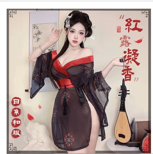 情趣和服！低領美肩日系緞面拼接薄透雪紡印花側高衩三件組
