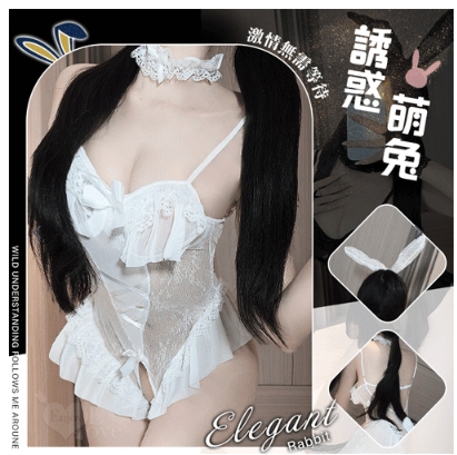 兔女郎角色扮演服！鏤空鋼圈露乳洞洞薄紗透視開襠連身衣五件式套装﹝白﹞