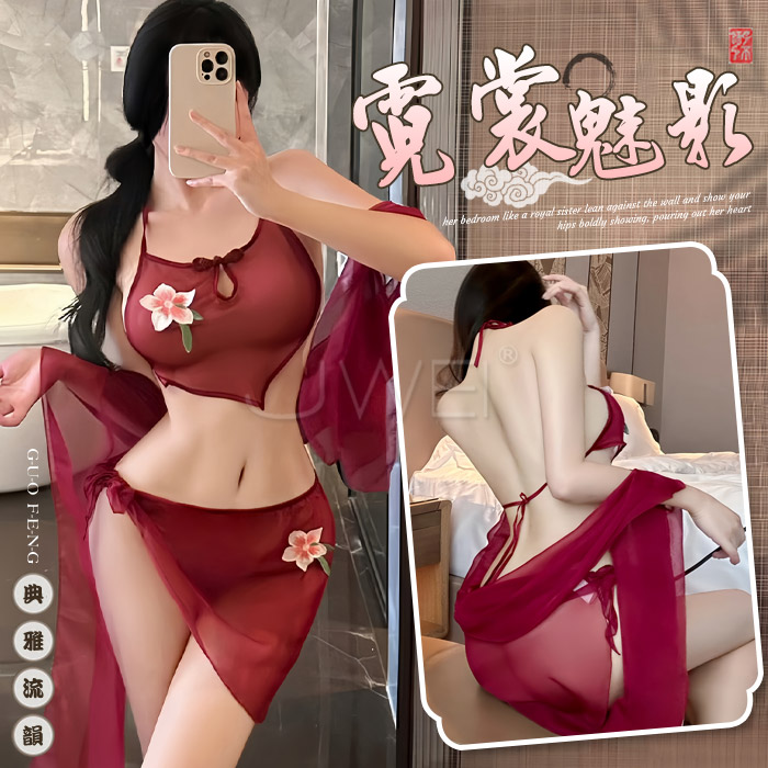 霓裳魅影．薄紗透視美背繫帶古風舞姬肚兜套裝【肚兜+短裙+披肩-棗紅】