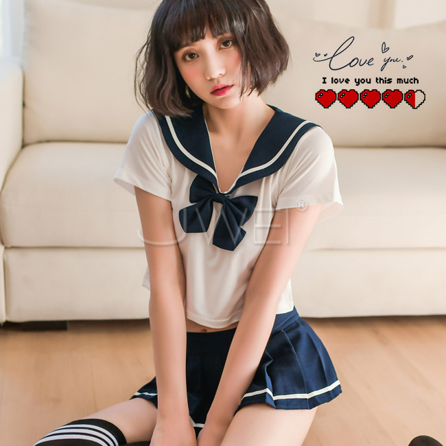 盛夏季典．清純透視水手服套裝四件組(藍色)