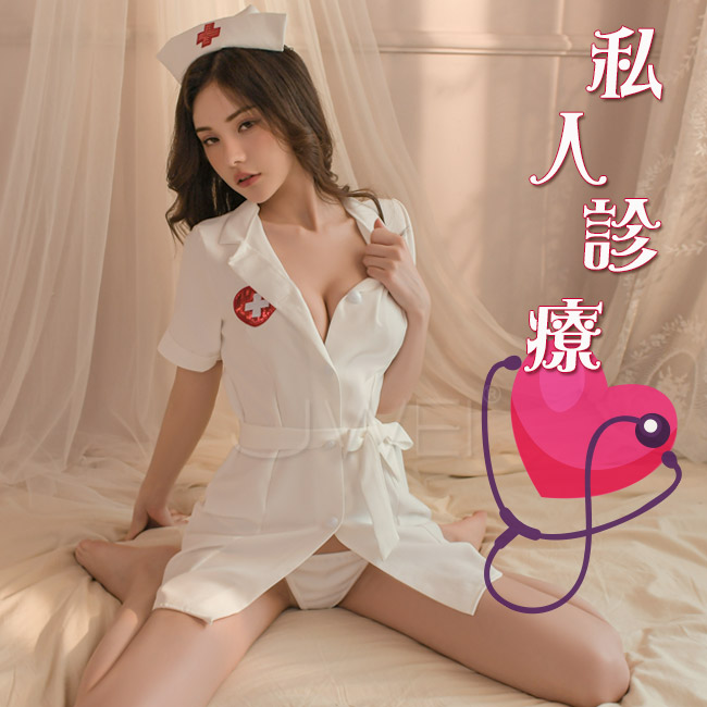 純情誘惑．前開叉裙擺護士制服套裝3件組(白色)